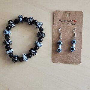 Blue Evil Eye Drop Earrings, & Beaded Bracelet, Swirl Pattern, Bead, Glass, BOHO